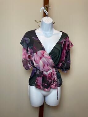 Express Chiffon Cinched‑Waist Balloon Sleeve Floral Top Size M